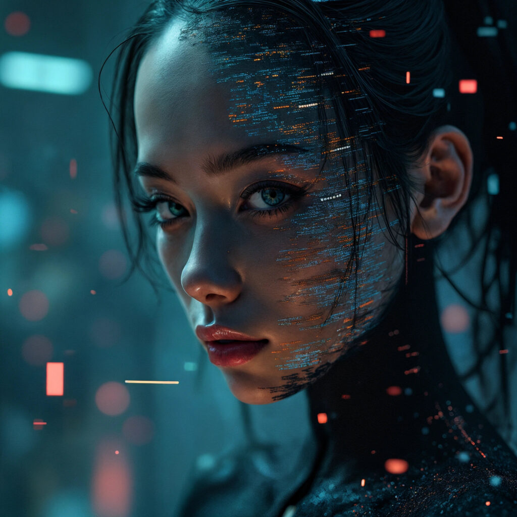 Rostro glitch en estilo cyberpunk representando el porno deepfake
